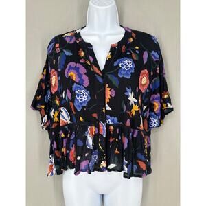 Anthropologie Top Womens XXSP Black Floral Flowy Boho Summer Oversized Button
